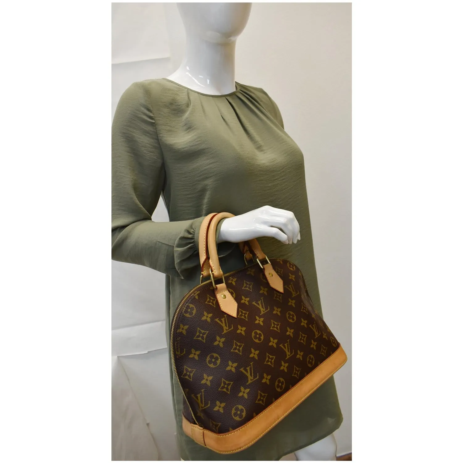 LOUIS VUITTON Alma Monogram Canvas Satchel Bag Brown