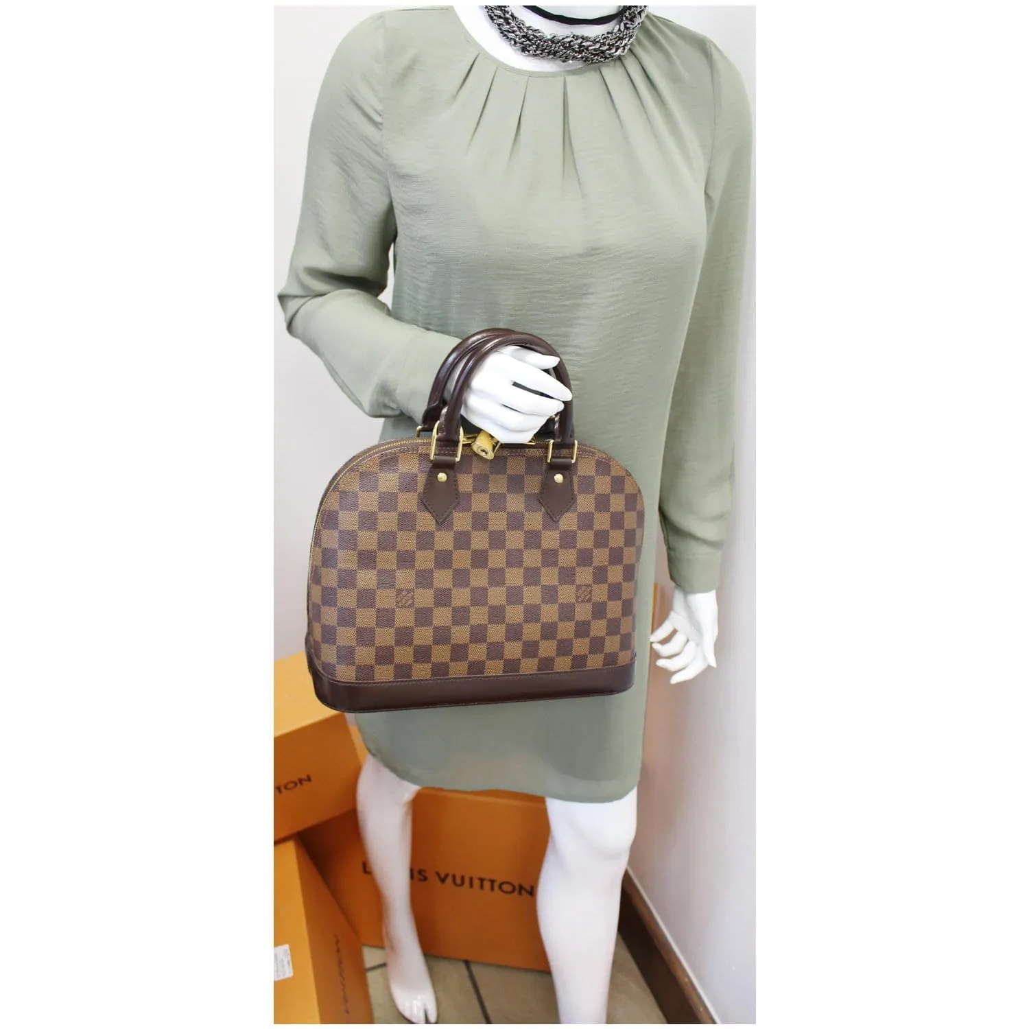 LOUIS VUITTON Alma PM Damier Ebene Satchel Bag Brown