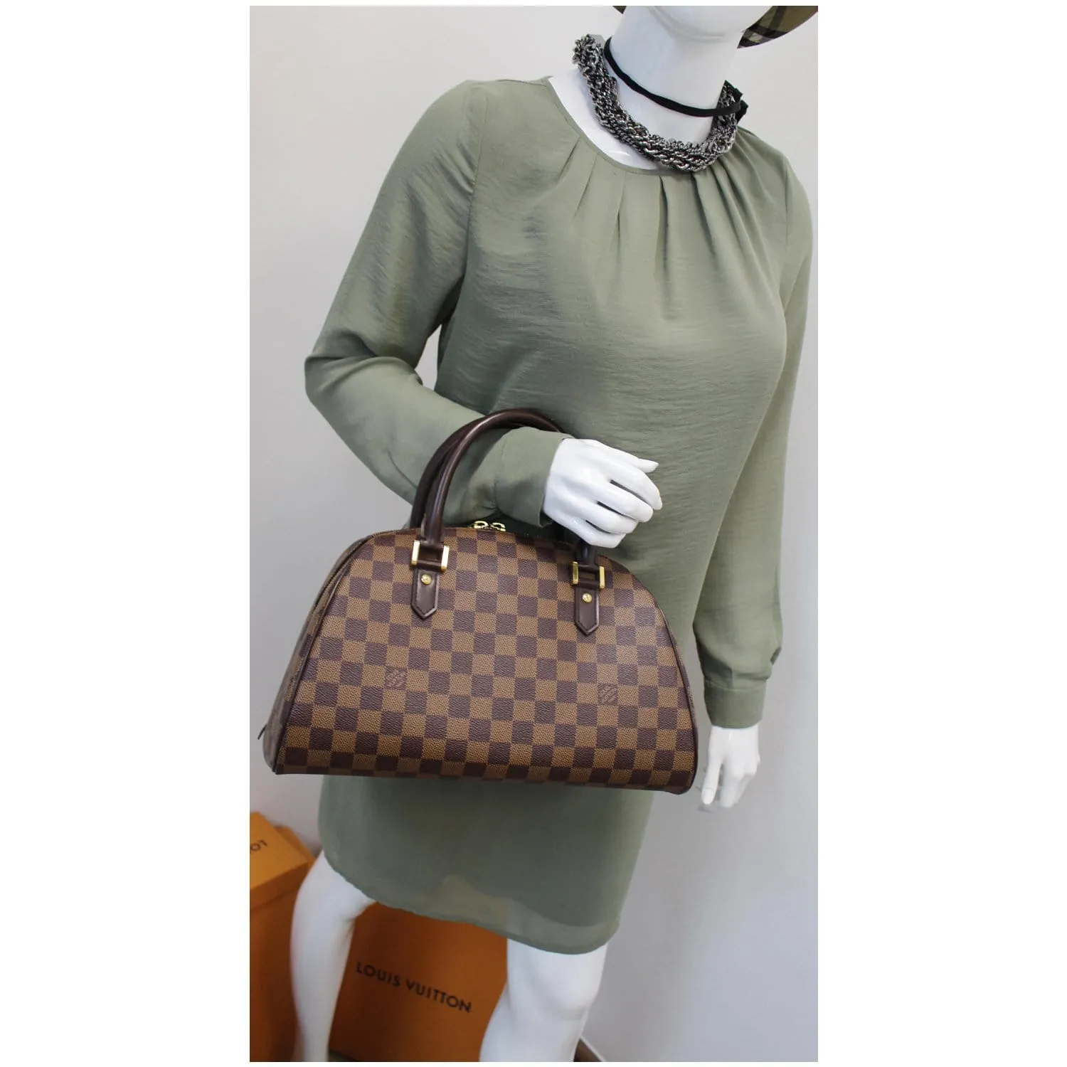 LOUIS VUITTON Ribera MM Damier Ebene Satchel Bag Brown