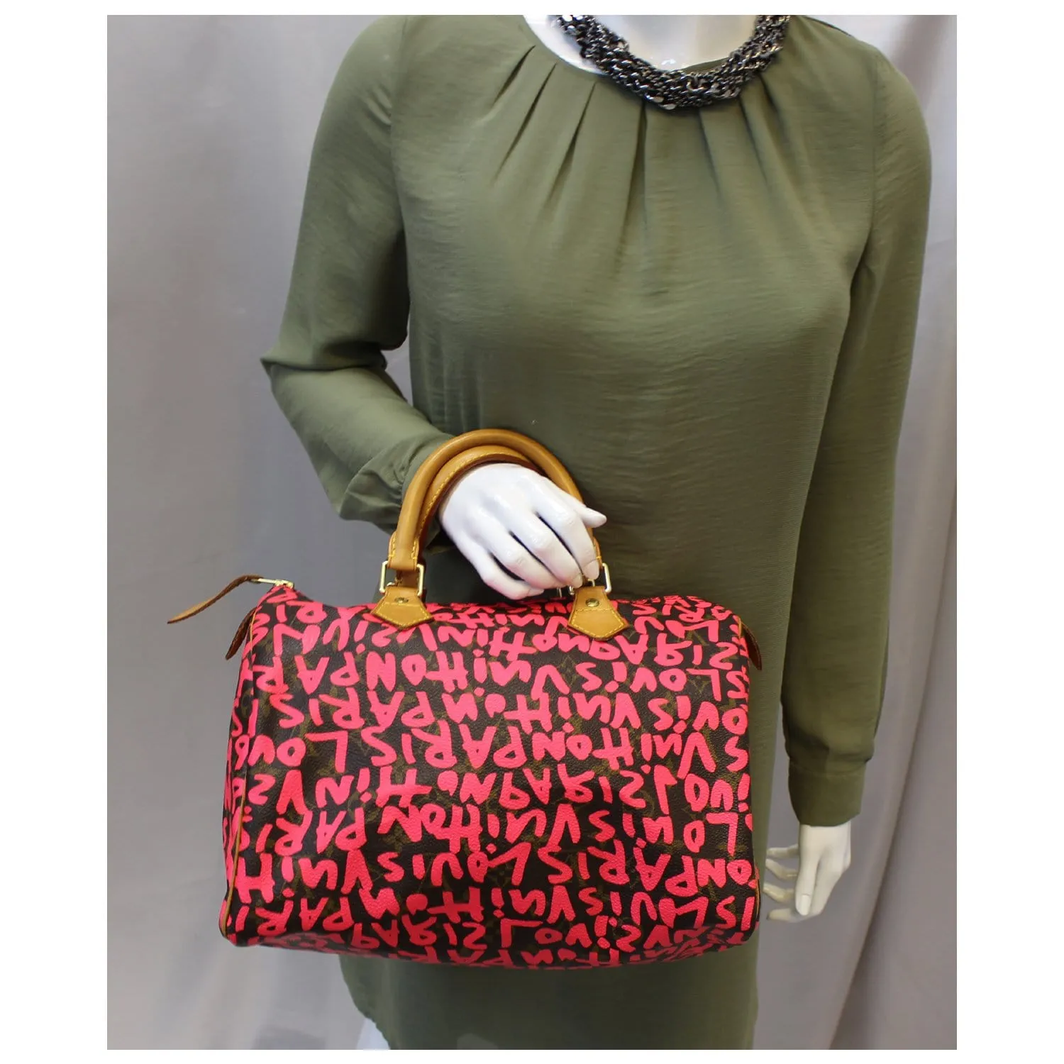 LOUIS VUITTON Speedy 30 Graffiti Monogram Satchel Bag Pink