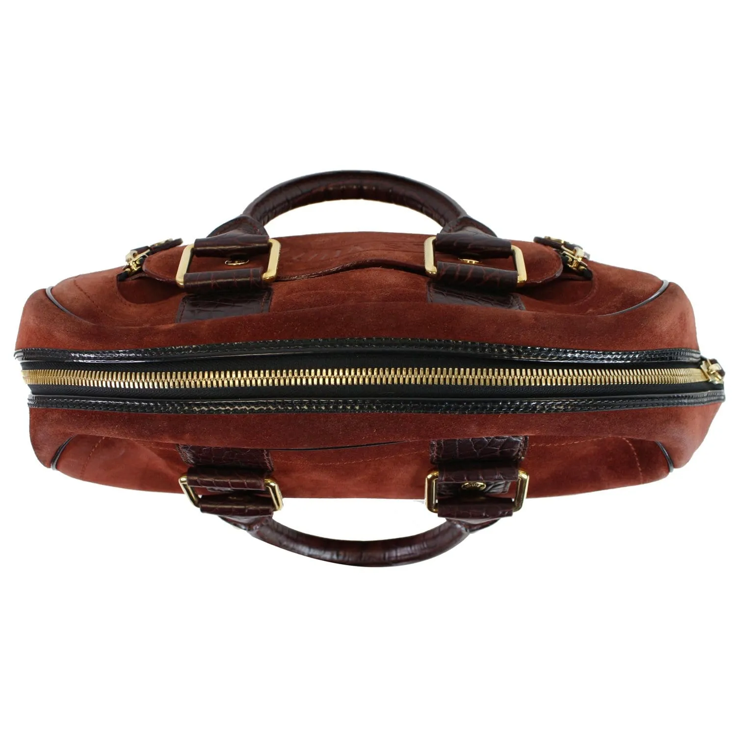 LOUIS VUITTON Stamped Trunk GM Suede Havane Satchel Bag Red