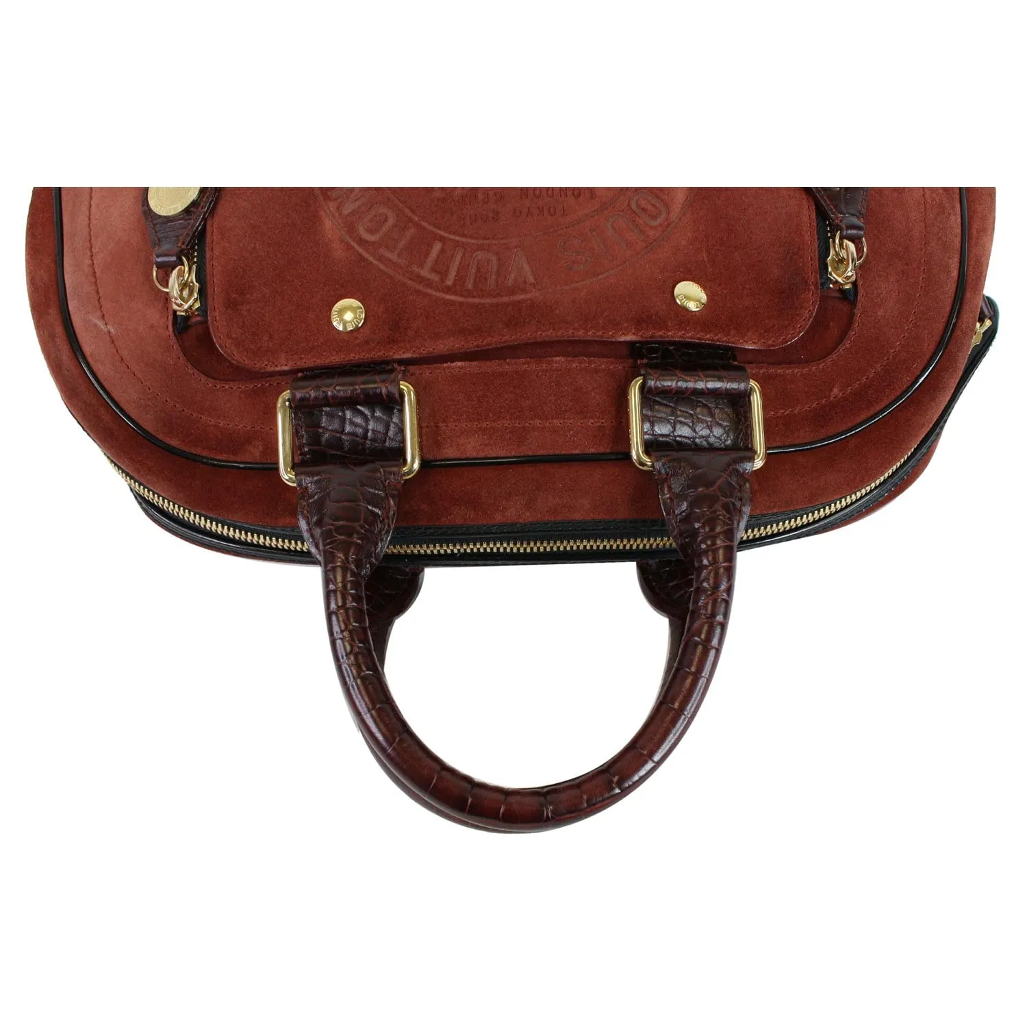 LOUIS VUITTON Stamped Trunk GM Suede Havane Satchel Bag Red