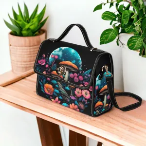 Magical Mushroom Cottagecore Canvas Satchel bag, cottagecore forest women purse, cute vegan leather strap hand bag boho bag, hippies gift