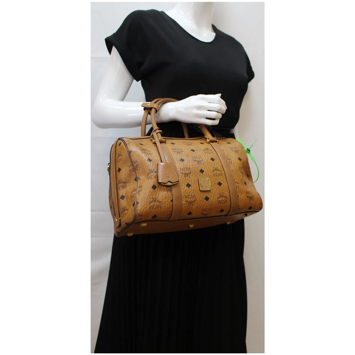 MCM Visetos Signature Leather Boston Bag Cognac