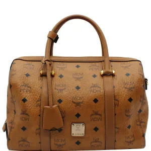 MCM Visetos Signature Leather Boston Bag Cognac
