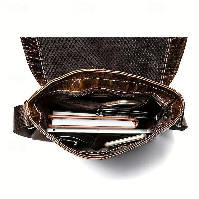 Men's Crocodile Pattern Genuine Leather Shoulder Bag Casual Crossbody Bag For Work Commute Business Bag Fashion Vertical Satchels