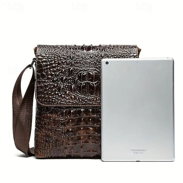Men's Crocodile Pattern Genuine Leather Shoulder Bag Casual Crossbody Bag For Work Commute Business Bag Fashion Vertical Satchels
