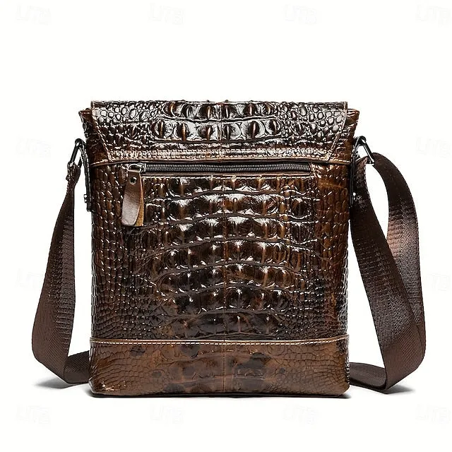 Men's Crocodile Pattern Genuine Leather Shoulder Bag Casual Crossbody Bag For Work Commute Business Bag Fashion Vertical Satchels