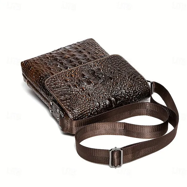 Men's Crocodile Pattern Genuine Leather Shoulder Bag Casual Crossbody Bag For Work Commute Business Bag Fashion Vertical Satchels