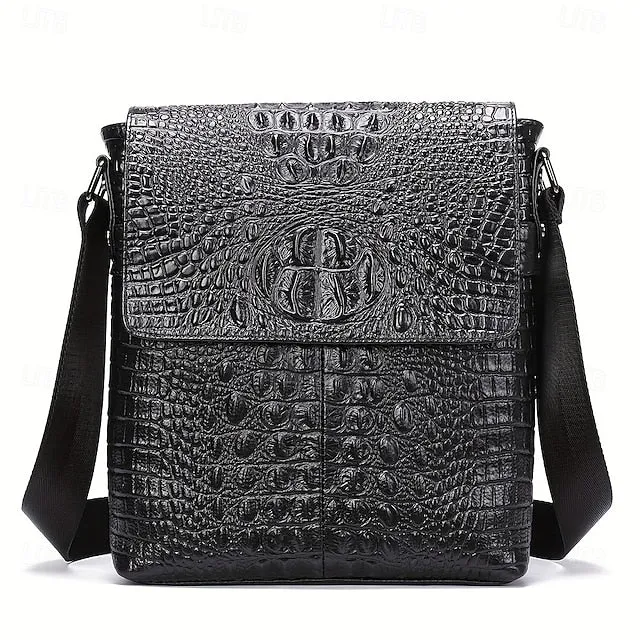 Men's Crocodile Pattern Genuine Leather Shoulder Bag Casual Crossbody Bag For Work Commute Business Bag Fashion Vertical Satchels