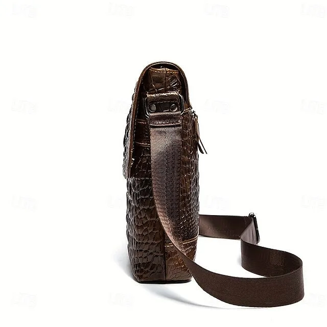 Men's Crocodile Pattern Genuine Leather Shoulder Bag Casual Crossbody Bag For Work Commute Business Bag Fashion Vertical Satchels