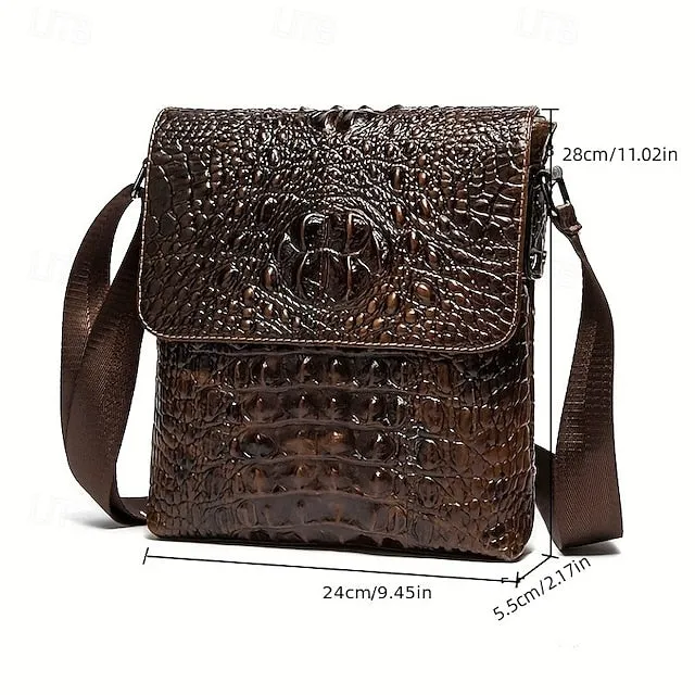 Men's Crocodile Pattern Genuine Leather Shoulder Bag Casual Crossbody Bag For Work Commute Business Bag Fashion Vertical Satchels