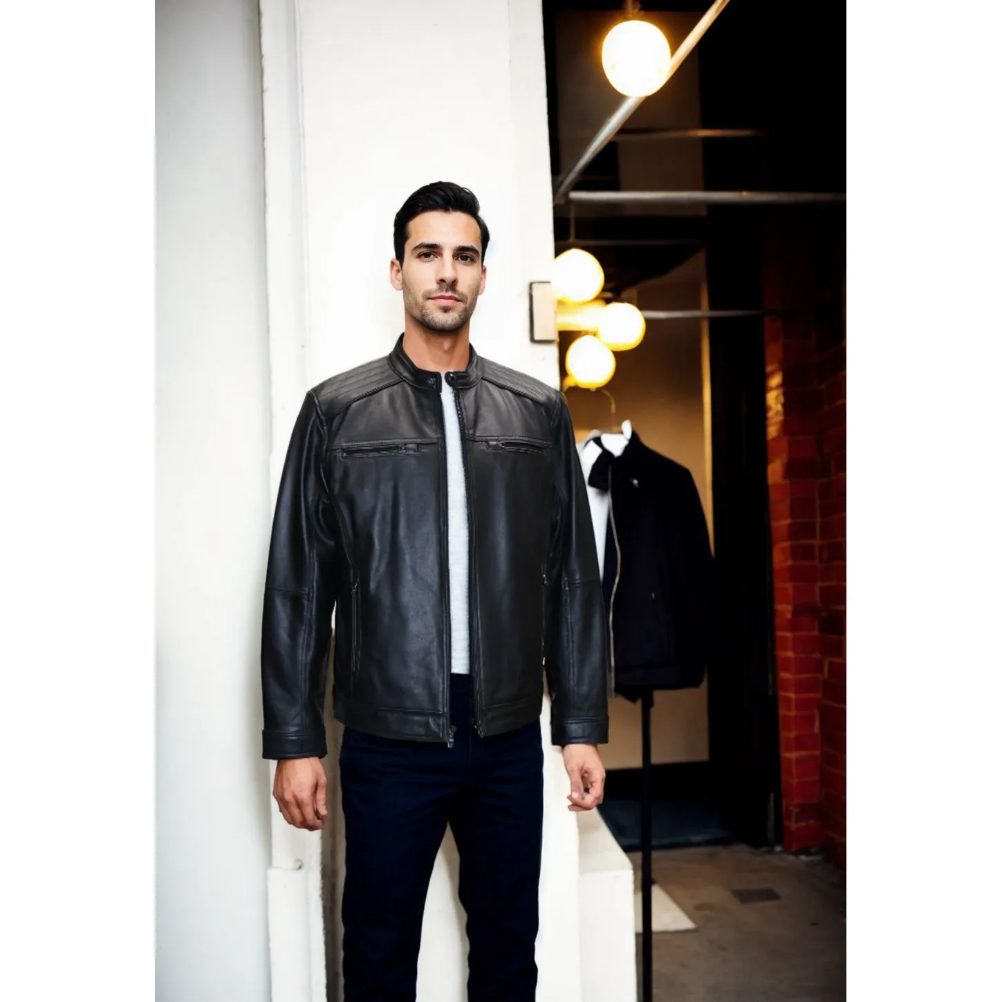 Michael Kors Men's Moto Leather Jacket with Perforated Panel