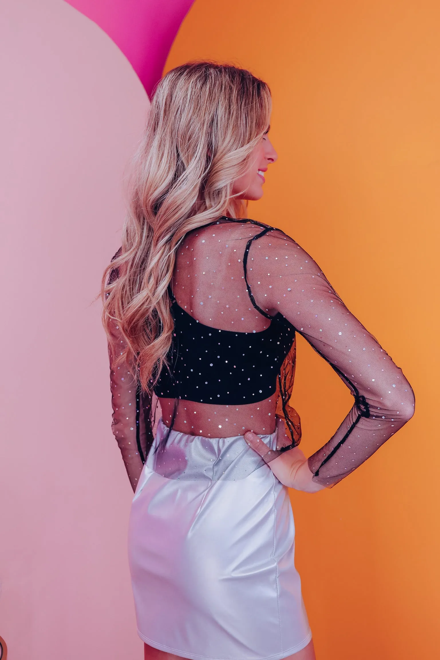 Midnight Shimmer Sequin Mesh Crop Top - Black