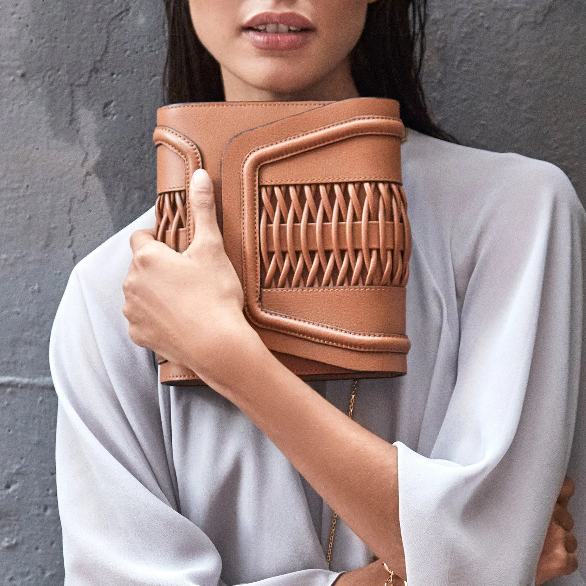 Mini Giovanna camel braided clutch