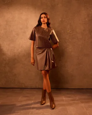 Mocha Faux Leather Boxy Top & Wrap Mini Skirt