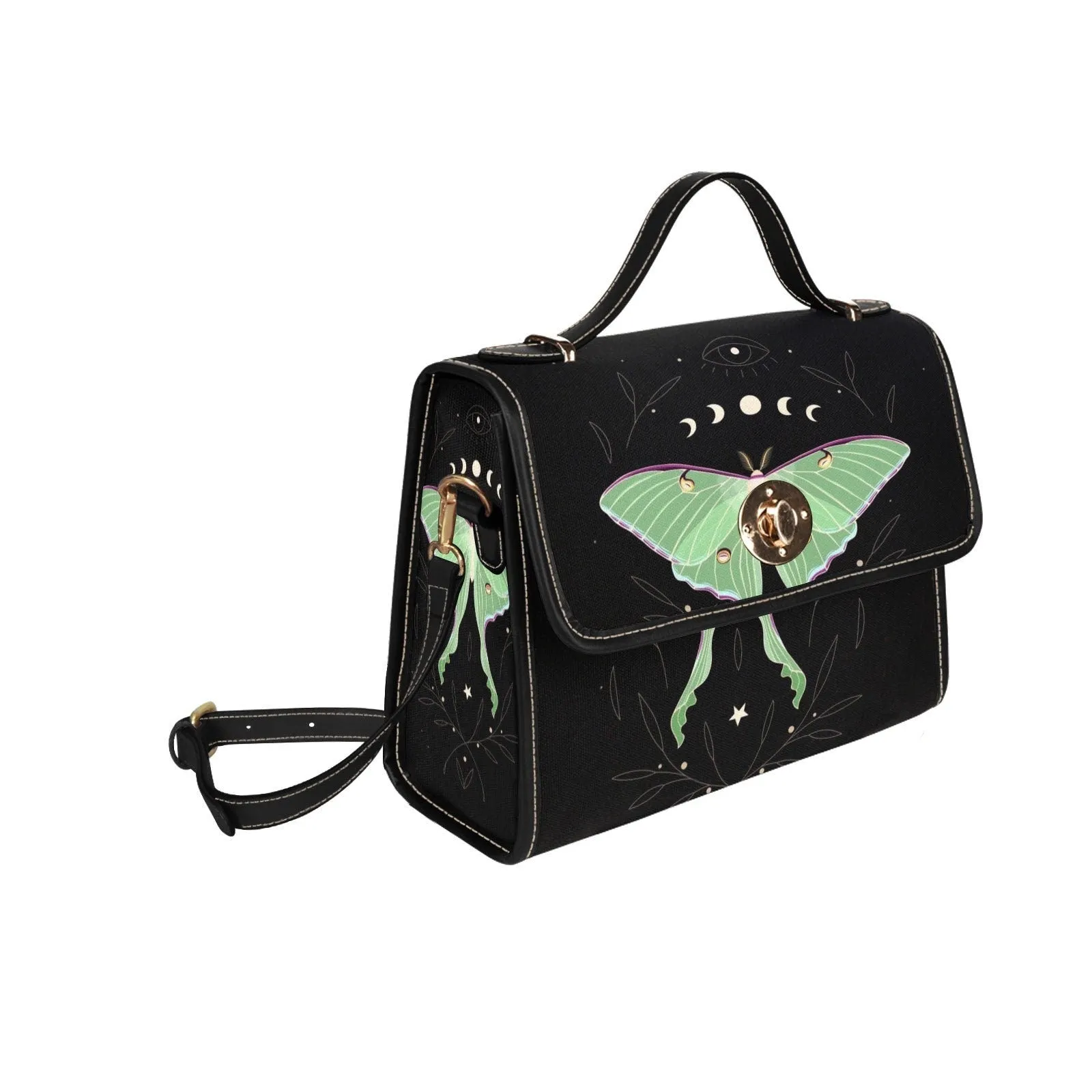 Moth Celestial Moon Black Canvas Satchel bag, Cute women nature crossbody purse, cute black strap hand bag, hippies boho gift purse