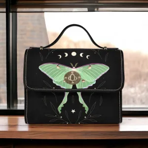 Moth Celestial Moon Black Canvas Satchel bag, Cute women nature crossbody purse, cute black strap hand bag, hippies boho gift purse