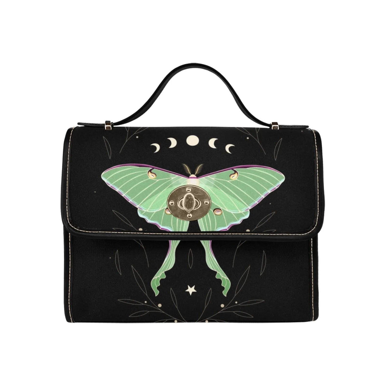 Moth Celestial Moon Black Canvas Satchel bag, Cute women nature crossbody purse, cute black strap hand bag, hippies boho gift purse
