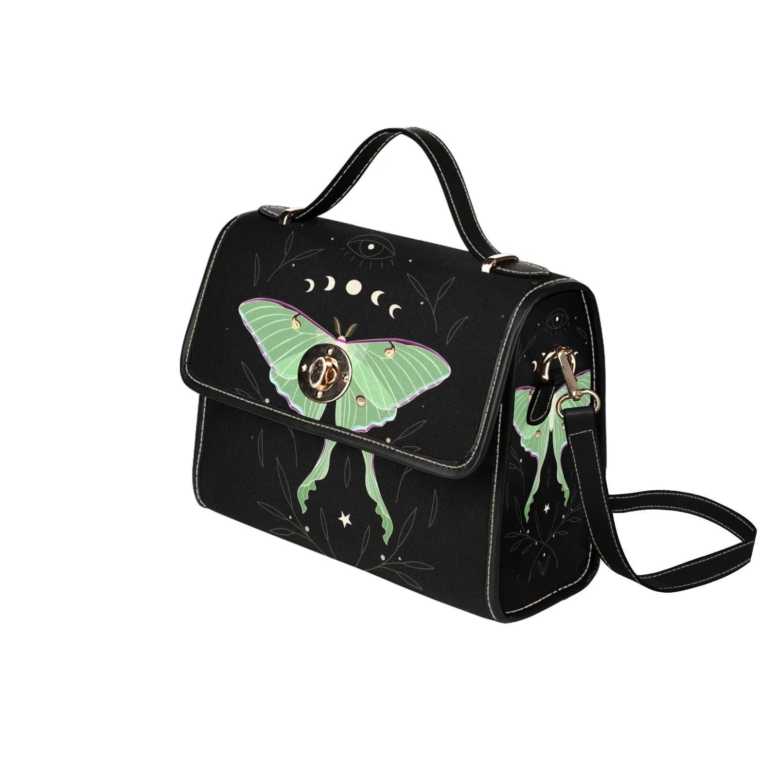Moth Celestial Moon Black Canvas Satchel bag, Cute women nature crossbody purse, cute black strap hand bag, hippies boho gift purse