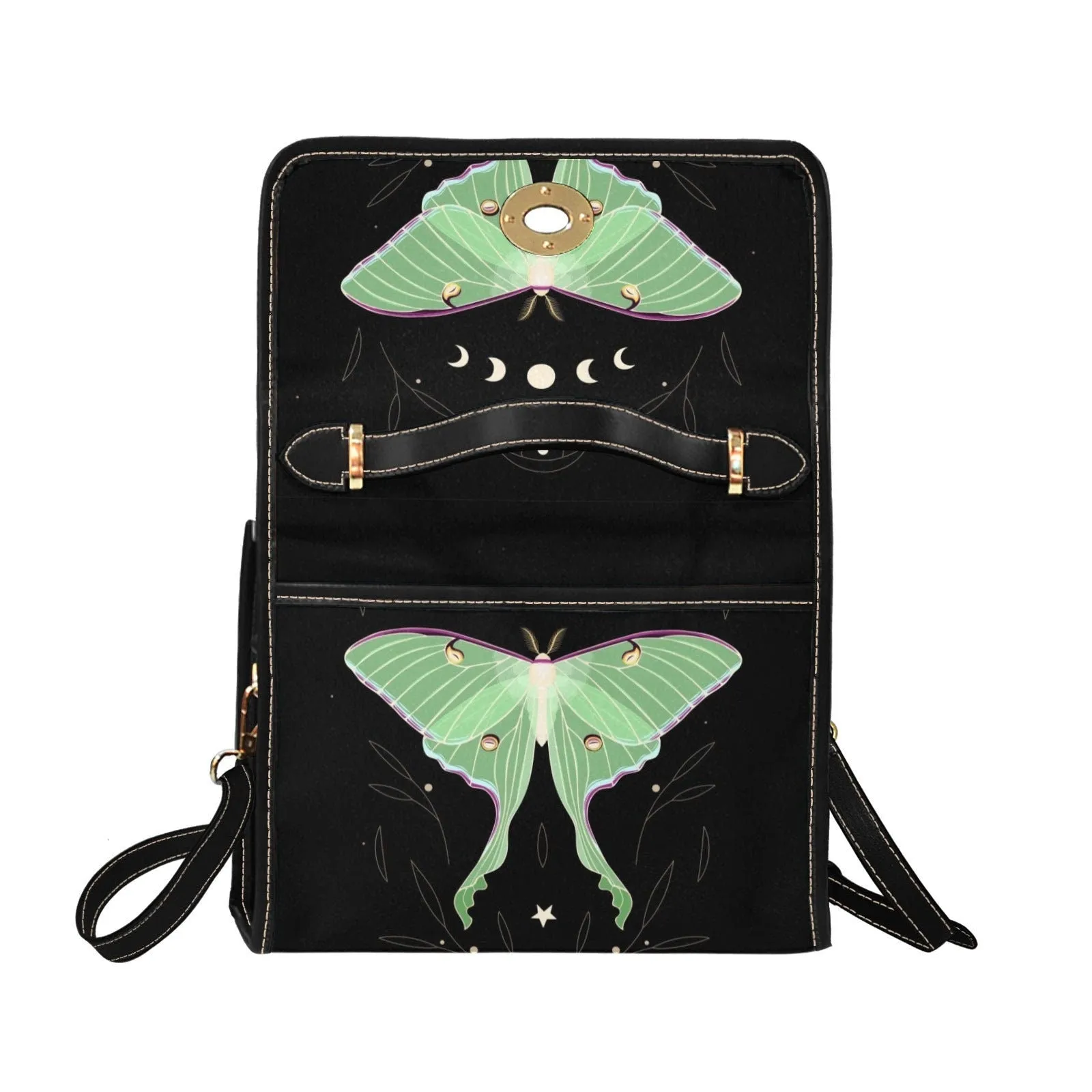 Moth Celestial Moon Black Canvas Satchel bag, Cute women nature crossbody purse, cute black strap hand bag, hippies boho gift purse