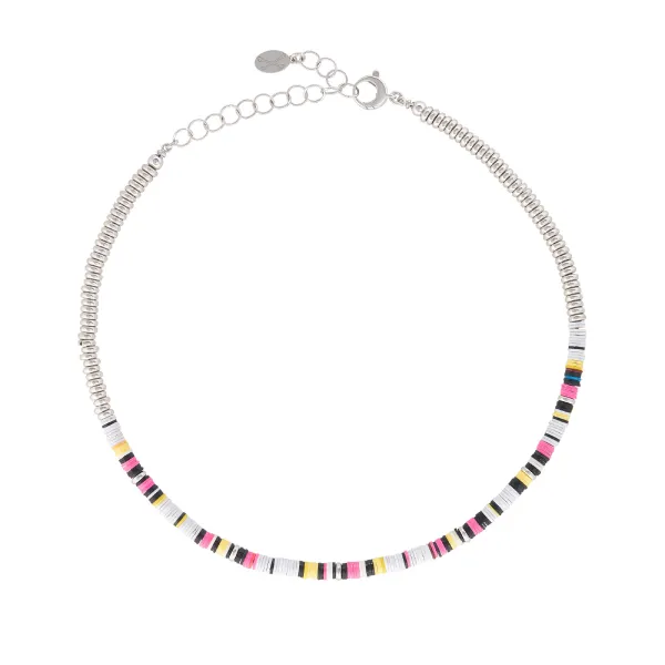 Multicolor White African Beaded Necklace with 18k White Gold Beads