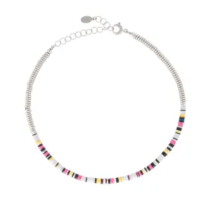 Multicolor White African Beaded Necklace with 18k White Gold Beads