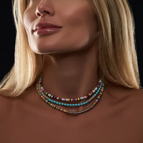Multicolor White African Beaded Necklace with 18k White Gold Beads