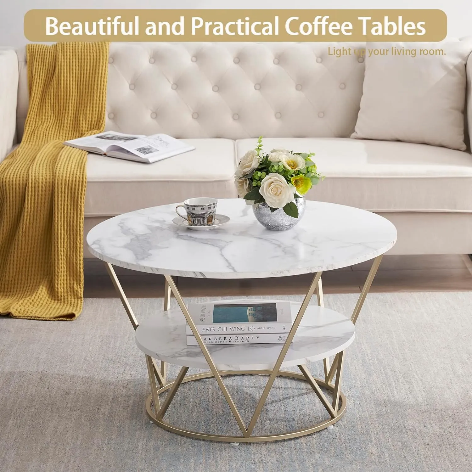 New in box! hitsuki Mid Century Modern Round Faux White Marble Coffee Table with Storage!