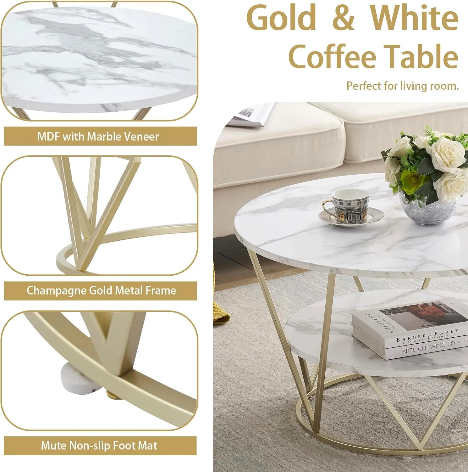 New in box! hitsuki Mid Century Modern Round Faux White Marble Coffee Table with Storage!