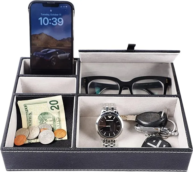 New Men's Valet Tray, Jewelry Box Nightstand Organizer with 5 Compartments for Phone Keys Wallet Watch Glasses