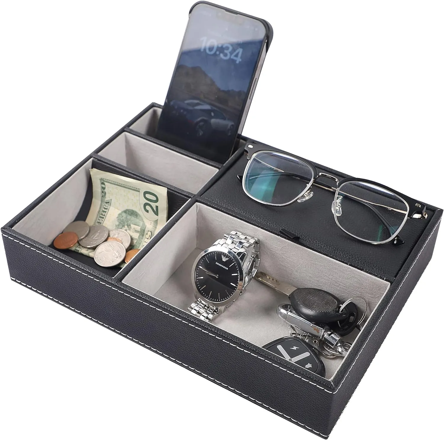 New Men's Valet Tray, Jewelry Box Nightstand Organizer with 5 Compartments for Phone Keys Wallet Watch Glasses