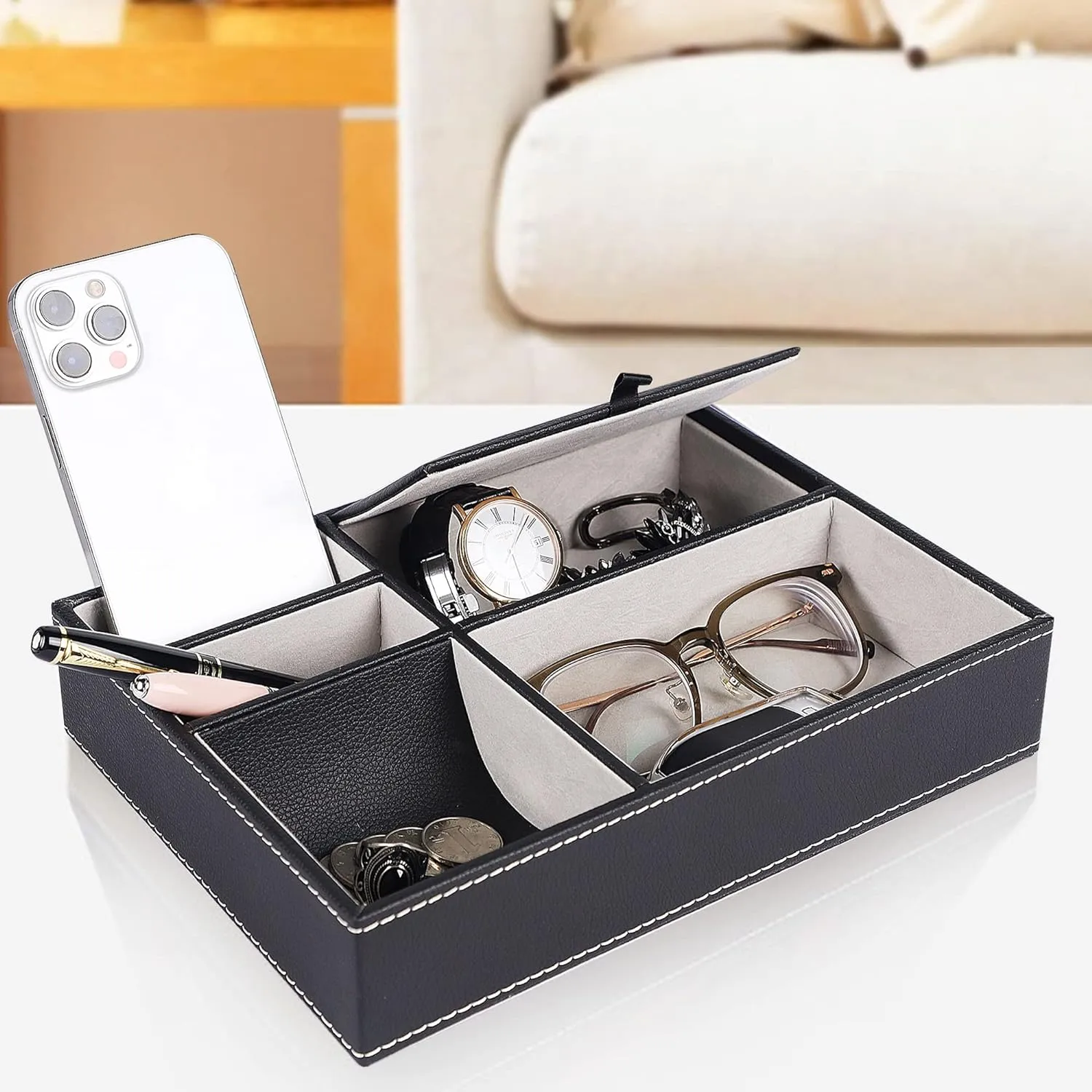 New Men's Valet Tray, Jewelry Box Nightstand Organizer with 5 Compartments for Phone Keys Wallet Watch Glasses