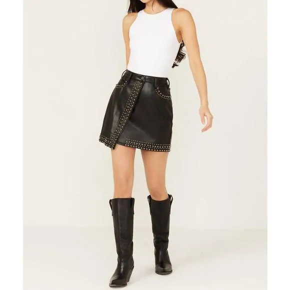 NEW ROCK &amp; ROLL DENIM faux leather studded mini skirt in black