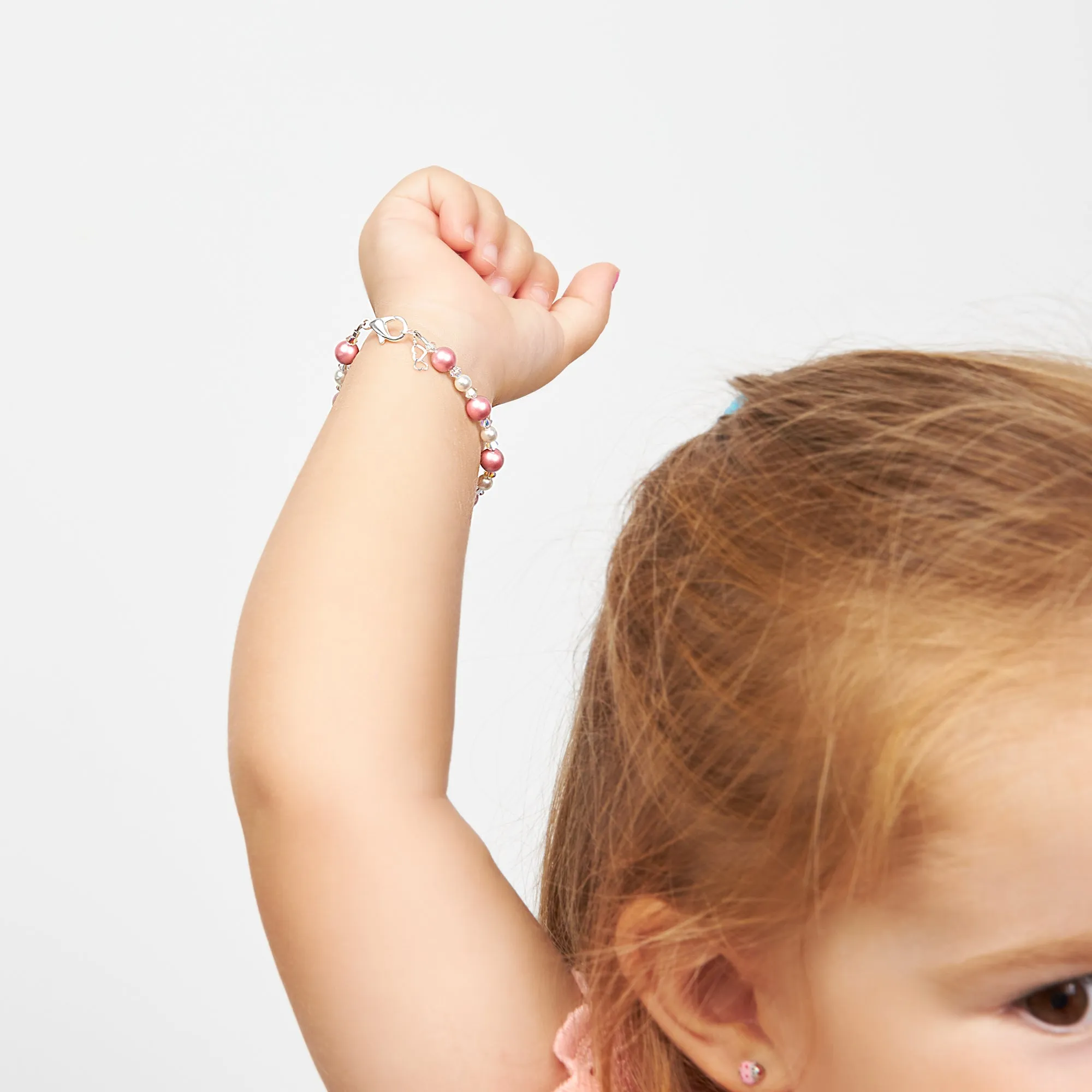 NewBorn Baby Girl Bracelet with Rose & White Pearls & Clear Crystals