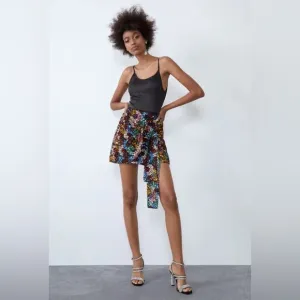 NWT Zara Multicolor Sequins Mini Skirt Front Tie Light Stretch Size US Smalll