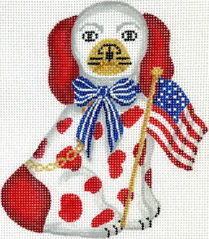 OM-322 Mini Staffordshire Dog – White & Red w/ American Flag, Blue Striped Bow & Gold Chain