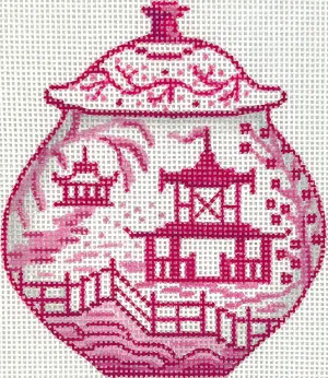 OM-333 Medium Raspberry & White w/ Pagodas & Flowering Trees