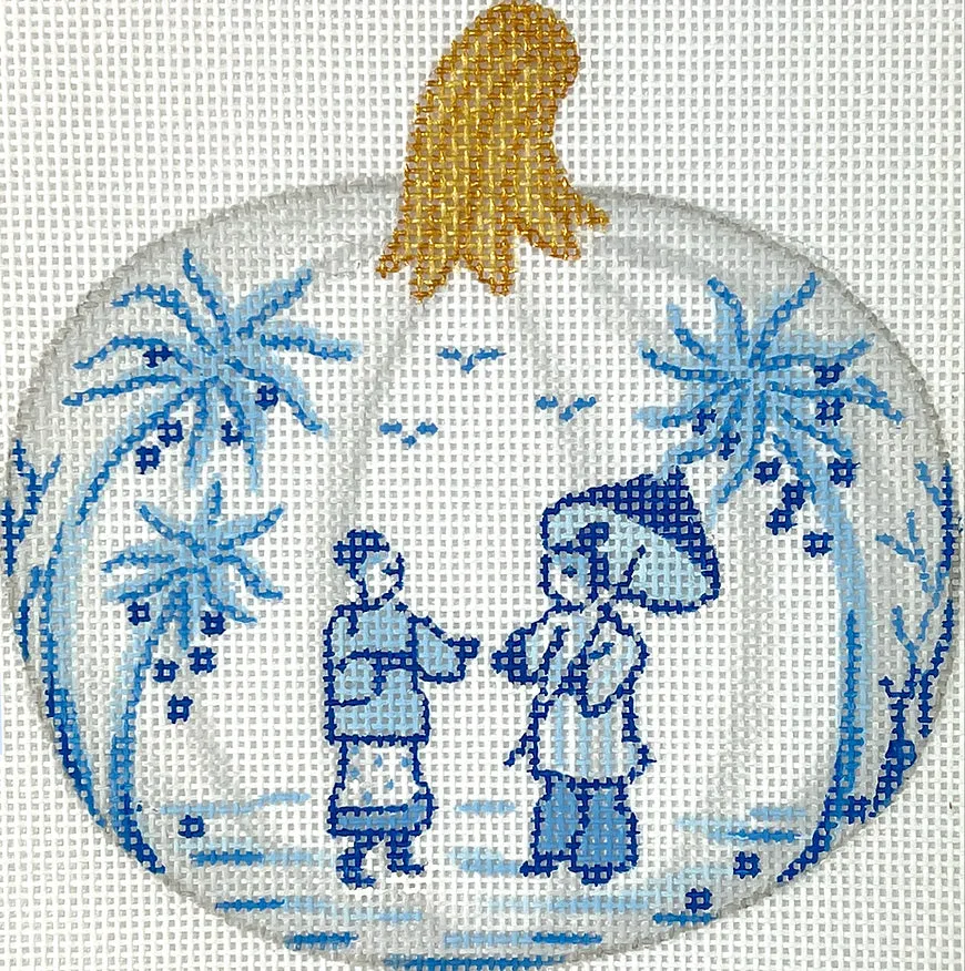 OM-341 Mini Chinoiserie Pumpkin – Small Round w/ People, Parasol & Palms – white w/ blues & golds
