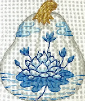 OM-343 Mini Chinoiserie Pumpkin – Short Gourd Shaped w/ Lotus Flower & Clouds – white w/ blues & golds