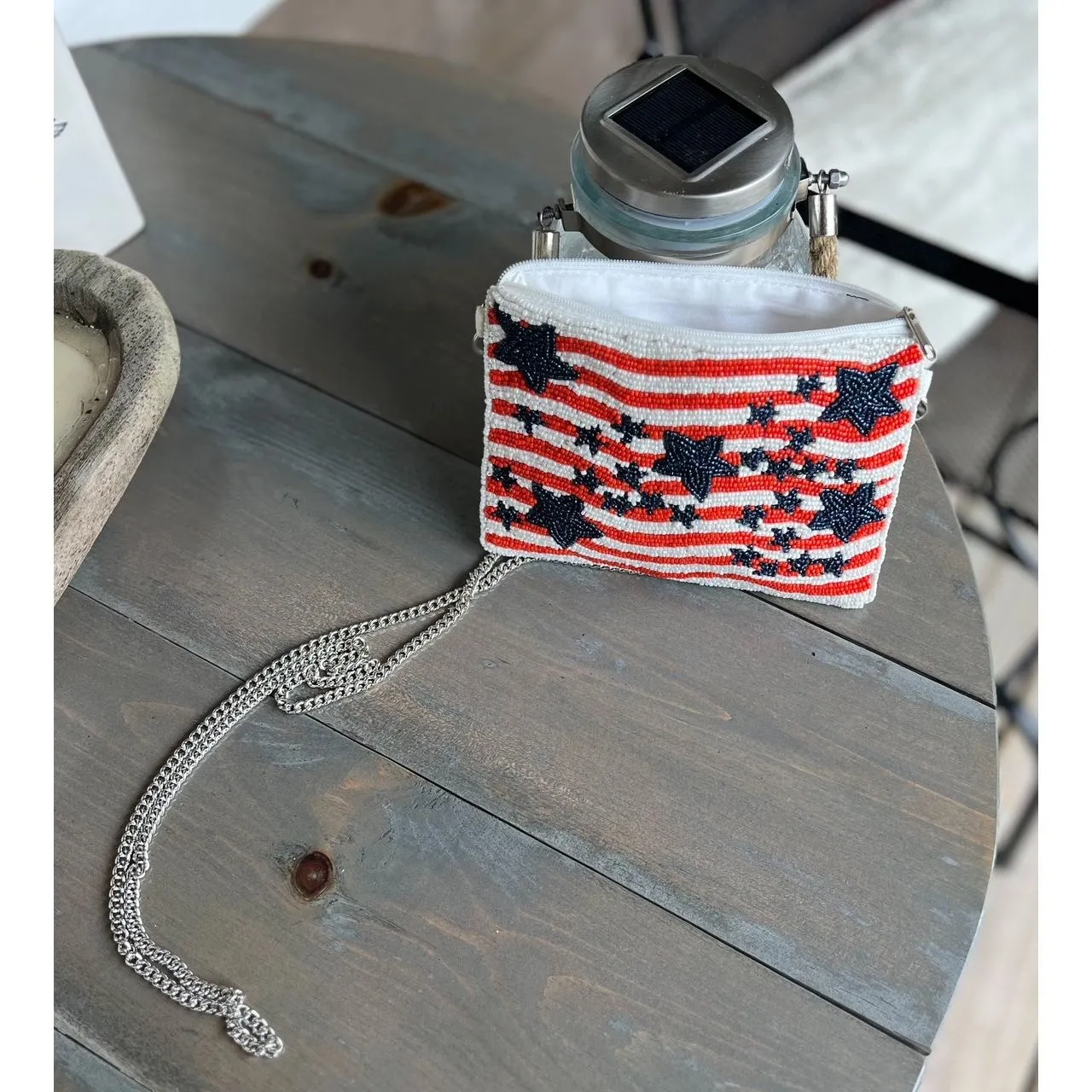 Patriotic Red White Blue Stars Stripes Beaded Coin Purse