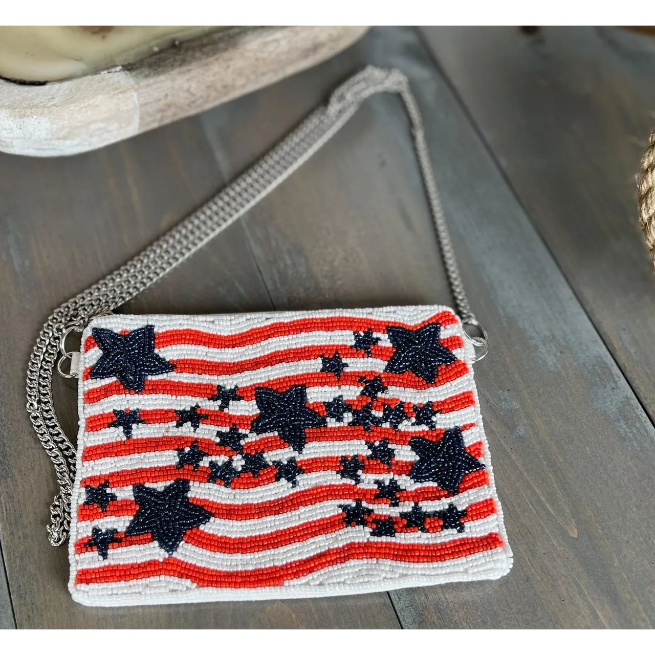 Patriotic Red White Blue Stars Stripes Beaded Coin Purse