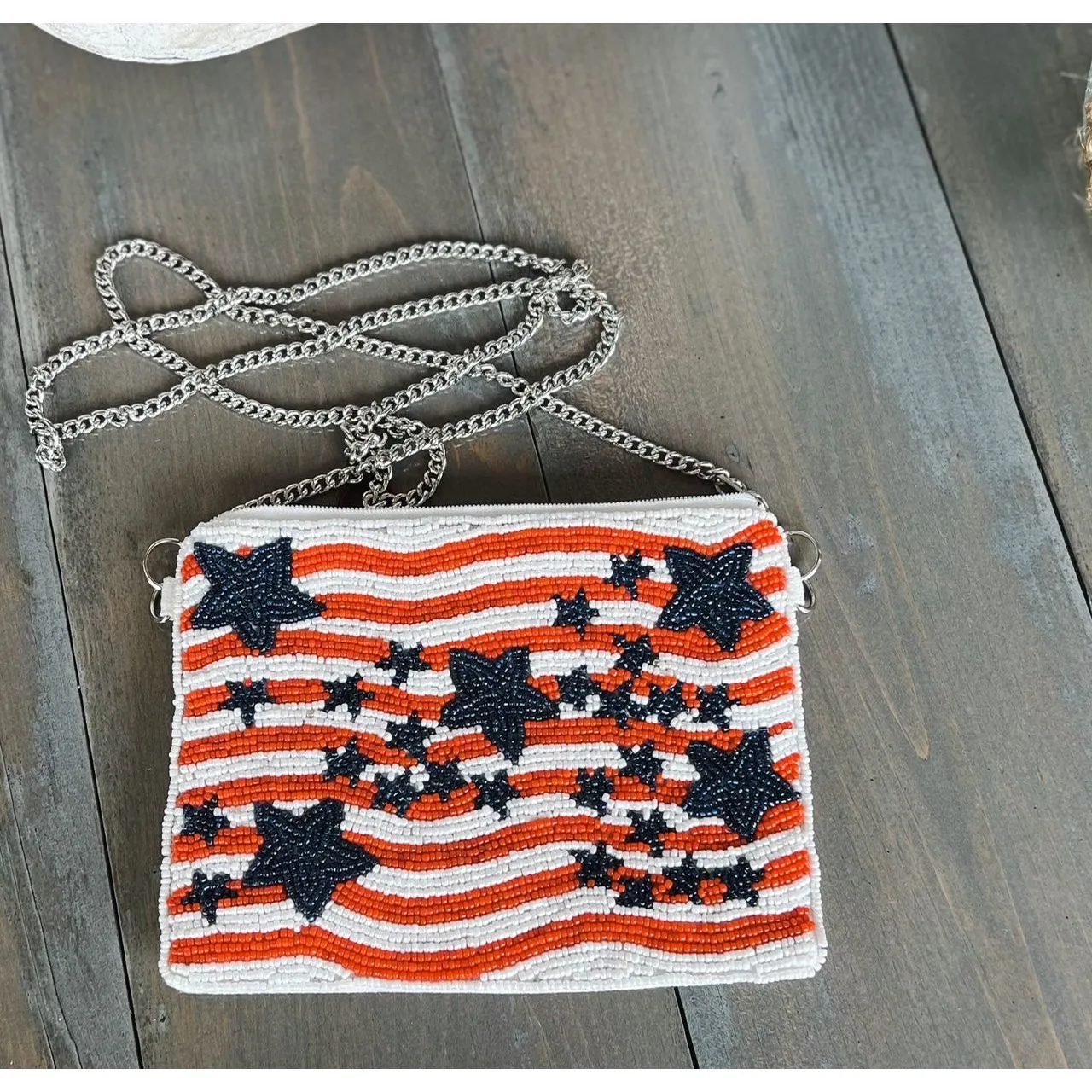 Patriotic Red White Blue Stars Stripes Beaded Coin Purse