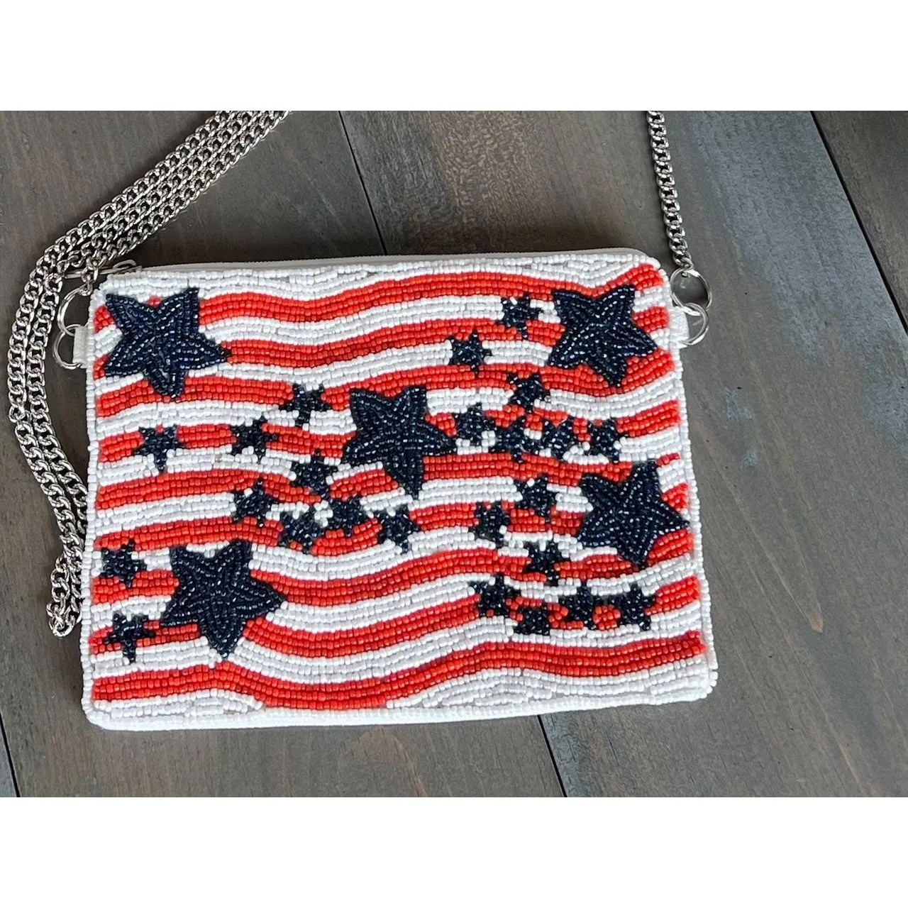 Patriotic Red White Blue Stars Stripes Beaded Coin Purse