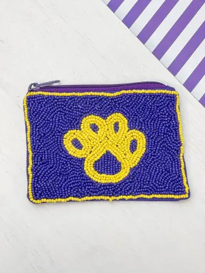 Paw Print Beaded Zip Pouch - Purple & Yellow