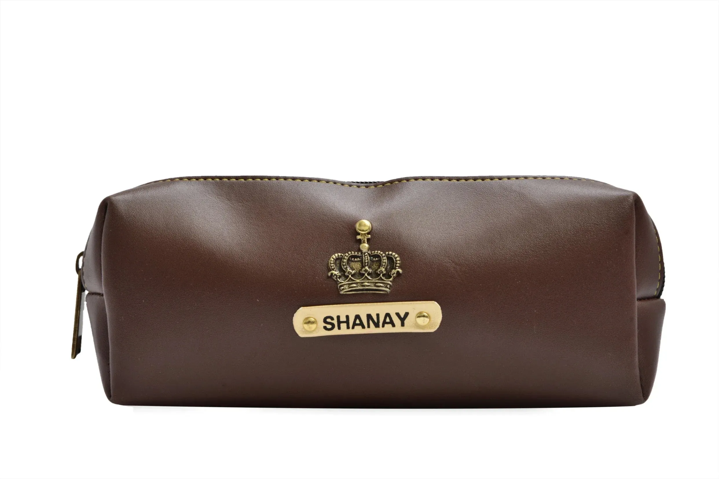 Personalized Vegan Leather Unisex Pencil Pouch - Brown
