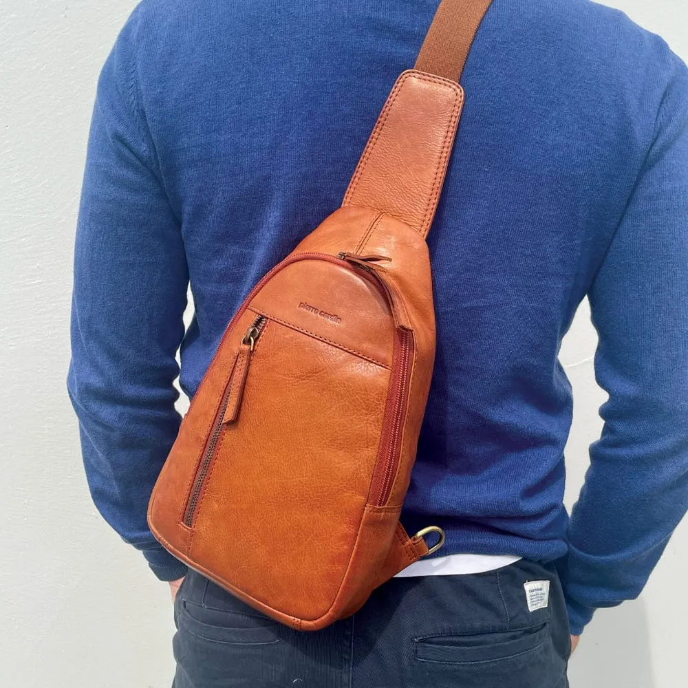 Pierre Cardin Men's Leather Sling Bag in Cognac