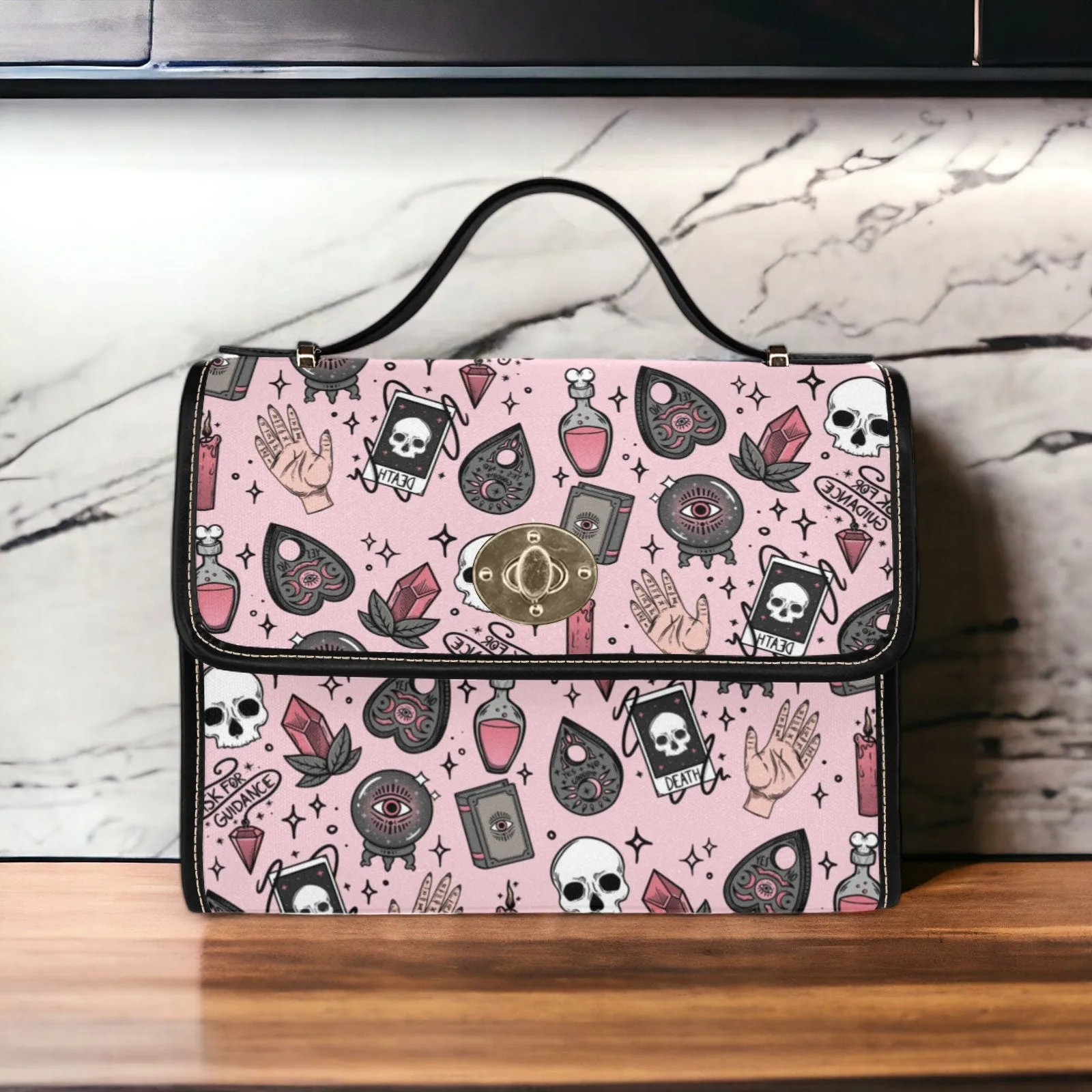 Pink kawaii cute witch potions Canvas Satchel bag, witchy bag for women, cute vegan leather strap hand bag boho bag hippies boho gift