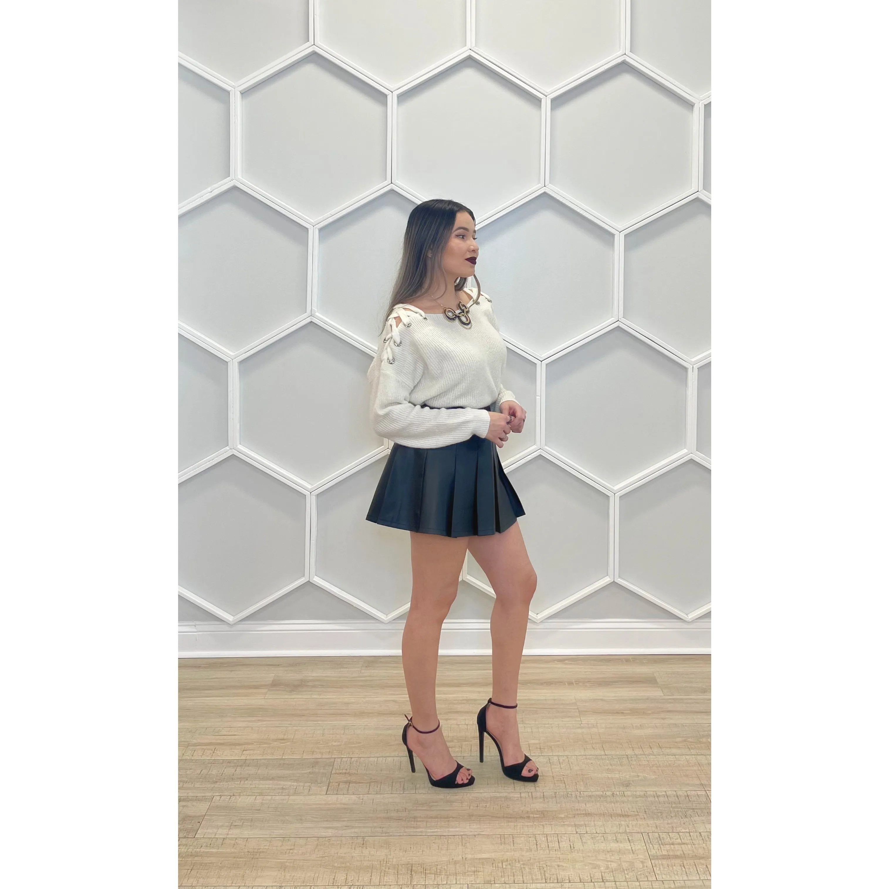 Pleated Black Faux Leather Skirt