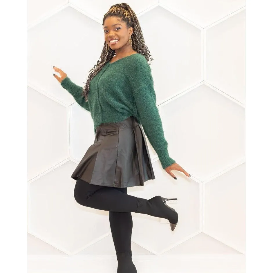 Pleated Black Faux Leather Skirt